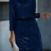Women‘s Christmas Party Dress Sequin Dress Cocktail Dress Midi Dress Silver Navy Blue Emerald Green Long Sleeve Pure Color Sparkly Glitter Sequins Spring Fall Winter Cold Shoulder Wedding Guest -Tesla Style zrbulu1694757785747