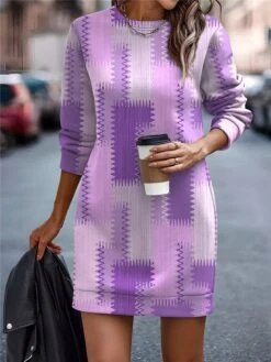 Women's Casual Dress Sweatshirt Dress Mini Dress Warm Fashion Outdoor Vacation Going Out Crew Neck Print Geometric Regular Fit Pink Blue Purple S M L XL XXL -Tesla Style zrjedt1697107838907