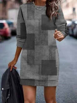 Women's Casual Dress Sweatshirt Dress Mini Dress Warm Fashion Outdoor Vacation Going Out Crew Neck Print Geometric Loose Fit Blue Purple Brown S M L XL XXL -Tesla Style zruace1695891266886