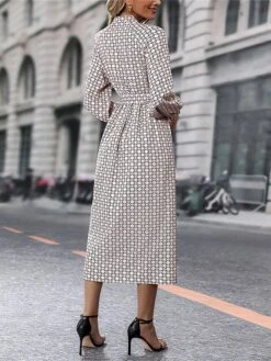 Women's Work Dress Casual Dress Swing Dress Fashion Office Daily Workfashion Midi Dress Lace Up Button Shirt Collar Long Sleeve Print Loose Fit Apricot Fall Winter S M L XL -Tesla Style zsvvkv1695096212571