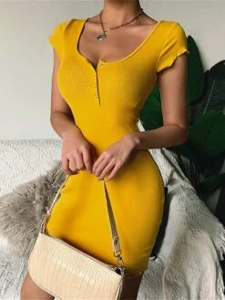 Women‘s Sweater Dress Winter Dress Bodycon Sheath Dress Mini Dress Fashion Pure Color Outdoor Casual Vacation Going Out V Neck Short Sleeve Button 2023 Slim Black Yellow Wine S M L XL 2XL 3XL -Tesla Style ztdtdk1679382611989