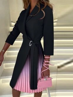 Women's Work Dress Blazer Dress A Line Dress Midi Dress Black Fuchsia Orange 3/4 Length Sleeve Color Block Ruched Fall Winter Autumn Shirt Collar Elegant 2023 S M L XL XXL -Tesla Style zugnor1663646503846