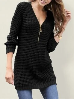 Women's Sweater Dress Jumper Dress Casual Dress Mini Dress Warm Pure Color Outdoor Casual Daily V Neck Long Sleeve Zipper 2023 Loose Fit Black White Red S M L XL XXL 3XL -Tesla Style zvcbxs1692339712685