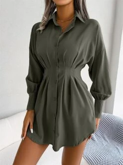 Women's Work Dress White Dress Semi Formal Dress Fashion Office Daily Workfashion Mini Dress Ruched Button Shirt Collar Long Sleeve Plain Loose Fit White Blue Army Green Fall Winter S M L XL -Tesla Style zvcsgc1695026965043