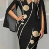Women‘s Wedding Guest Dress Party Dress Cocktail Dress Midi Dress Black Long Sleeve Geometric Print Spring Fall Winter V Neck Party Office Vacation Summer Dress S M L XL 2XL 3XL