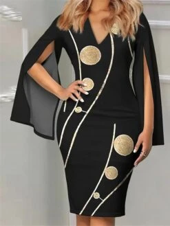 Women‘s Wedding Guest Dress Party Dress Cocktail Dress Midi Dress Black Long Sleeve Geometric Print Spring Fall Winter V Neck Party Office Vacation Summer Dress S M L XL 2XL 3XL