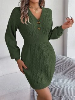 Women's Sweater Dress Winter Dress Jumper Dress Mini Dress Active Pure Color Outdoor Casual Holiday Vacation V Neck Long Sleeve Button 2023 Regular Fit White Pink Green S M L -Tesla Style zvoijz1696926540649