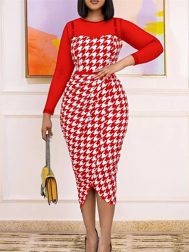 Women's Work Dress Casual Dress Sheath Dress Fashion Office Daily Workfashion Midi Dress Split Print Crew Neck Long Sleeve Houndstooth Regular Fit Red Blue Fall Winter S M L XL XXL 4 Women's Work Dress Casual Dress Sheath Dress Fashion Office Daily Workfashion Midi Dress Split Print Crew Neck Long Sleeve Houndstooth Regular Fit Red Blue Fall Winter S M L XL XXL - Image 2