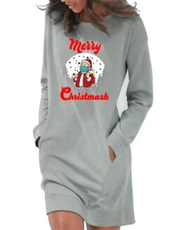 Women‘s Christmas Hoodie Dress Winter Dress Light Blue Grey White Long Sleeve Letter Santa Claus Pocket Print Winter Fall Crew Neck Stylish Fall Dress Loose Fit 2022 S M L XL 2XL / Cotton -Tesla Style zvwwsk1666343456487