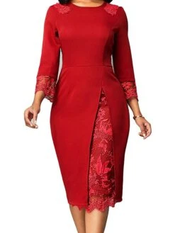 Women's Work Dress Sheath Dress Semi Formal Dress Fashion Office Daily Workfashion Midi Dress Lace Patchwork Crew Neck 3/4 Length Sleeve Plain Slim Red Blue Purple Fall Winter S M L XL XXL -Tesla Style zwbhgu1695030988603