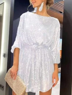 Women‘s Party Dress Wedding Guest Dress Homecoming Dress Sequin Dress Shift Dress Mini Dress Black White Champagne 3/4 Length Sleeve Pure Color Lace Up Fall Spring Autumn Crew Neck -Tesla Style zwhfkh1668493387715