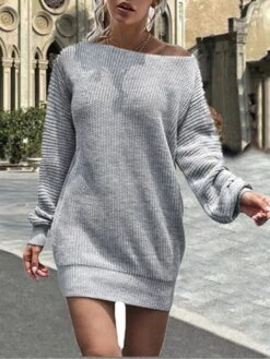 Women's Sweater Dress Jumper Dress Casual Dress Mini Dress Active Pure Color Outdoor Casual Holiday Vacation Boat Neck Long Sleeve 2023 Regular Fit Black White Pink S M L XL XXL 3XL -Tesla Style zwjpva1692090183510