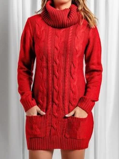Women‘s Sweater Dress Winter Dress Jumper Dress Mini Dress Pocket Outdoor Street Daily Fashion Streetwear Turtleneck Long Sleeve 2023 Loose Fit Black Red Khaki Color S M L XL XXL Size -Tesla Style zxapnt1694056899116