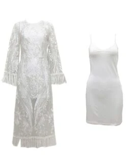 Women‘s Party Dress Wedding Guest Dress Dress Set Two Piece Dress Midi Dress White Long Sleeve Flower Lace Winter Fall Spring Crew Neck Fashion Party Evening Party 2023 S M L XL XXL -Tesla Style zxhzxj1671788652890