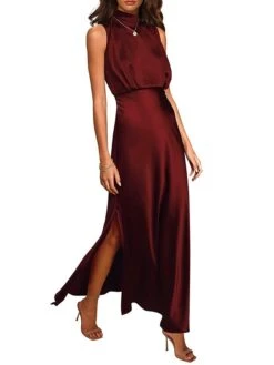 Women's Prom Dress Party Dress Satin Dress Long Dress Maxi Dress Black Light Green Wine Sleeveless Pure Color Split Summer Spring Stand Collar Fashion Evening Party Wedding Guest Vacation Loose Fit -Tesla Style zxpnxm1678413538606