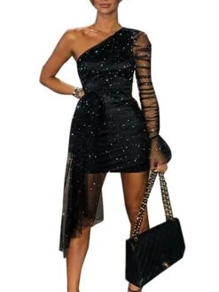 Women‘s Party Dress Wedding Guest Dress Bodycon Sheath Dress Mini Dress Black Long Sleeve Pure Color Ruched Winter Fall Spring One Shoulder Fashion Party Winter Dress Fall Dress Slim 2023 S M L XL -Tesla Style zxppck1635431981749