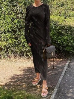 Women's Work Dress Sheath Dress Semi Formal Dress Fashion Daily Workfashion Long Dress Maxi Dress Ruched Pleated Crew Neck Long Sleeve Plain Slim Black Orange Fall Winter S M L -Tesla Style zxuhch1695645282993