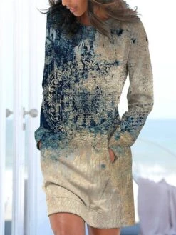 Women's Casual Dress Sweatshirt Dress Winter Dress Floral Tribal Pocket Print Crew Neck Mini Dress Vintage Ethnic Outdoor Daily Long Sleeve Loose Fit Royal Blue Blue Dusty Blue Fall Winter S M L XL