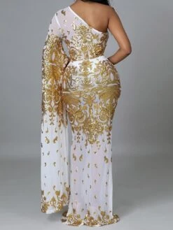 Women's Party Dress Sequin Dress Sheath Dress Long Dress Maxi Dress Black Gold Long Sleeve Floral Print Spring Fall Winter One Shoulder Fashion Party Winter Dress Evening Party Slim 2023 S M L XL XXL -Tesla Style zyvdfn1657190187754