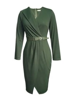 Women's Work Dress Casual Dress Sheath Dress Fashion Office Daily Workfashion Midi Dress Lace Up Ruched V Neck Long Sleeve Plain Regular Fit Red Green Dark Blue Fall Winter S M L XL XXL -Tesla Style zywbro1695645167961