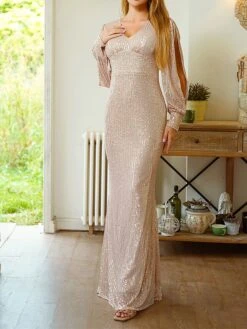 Women's Prom Dress Party Dress Sequin Dress Long Dress Maxi Dress Gold Long Sleeve Pure Color Sequins Fall Winter Autumn V Neck Fashion Winter Dress Wedding Guest Birthday 2023 S M L XL -Tesla Style zyyqqq1696077537047