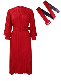 Women's Work Dress Casual Dress Black Dress Fashion Office Daily Workfashion Midi Dress Lace Up Pleated Crew Neck Long Sleeve Plain Regular Fit Black White Red Fall Winter S M L XL XXL -Tesla Style zzcdux1695645195625