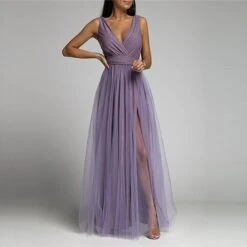 Women‘s Prom Party Dress Wedding Guest Sheath Dress Swing Dress Long Dress Maxi Dress Pink Purple Sleeveless Pure Color Mesh Winter Fall Spring V Neck Fashion Evening Party Slim 2023 S M L XL -Tesla Style zzhkqt1671515383603