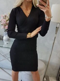 Women's Sweater Dress Winter Dress Jumper Dress Midi Dress Ribbed Outdoor Street Daily Fashion Streetwear V Neck Long Sleeve 2023 Slim Black Light Purple Purple Color S M L XL XXL Size -Tesla Style zzidck1694601088680