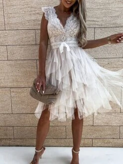 Women's Party Dress Lace Dress Homecoming Dress Midi Dress Black White Pink Sleeveless Pure Color Lace Summer Spring V Neck Vacation Vacation Spring Dress Slim 2023 S M L XL -Tesla Style zzjagv1651566098564