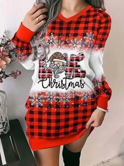 Women‘s Christmas Casual Dress Hoodie Dress Mini Dress Fashion Daily Outdoor Vacation Going Out V Neck Print Bell Regular Fit Red S M L XL XXL