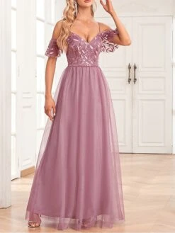 Women‘s Prom Dress Party Dress Sequin Dress Long Dress Maxi Dress Pink Short Sleeve Pure Color Sparkly Glitter Sequins Fall Winter Autumn Spaghetti Strap Fashion Wedding Guest Evening Party -Tesla Style zzvljf1693535465184