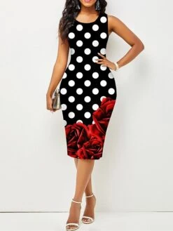 Women's Work Dress Sheath Dress Semi Formal Dress Fashion Midi Dress Print Crew Neck Sleeveless Polka Dot Color Block Regular Fit Yellow Summer Spring S M L XL XXL -Tesla Style zzxihx1680487518863